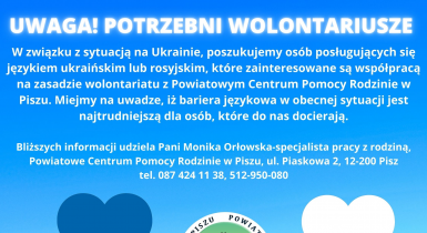 PCPR w Piszu poszukuje wolontariuszy ze znajomością języka ukraińskiego lub rosyjskiego 